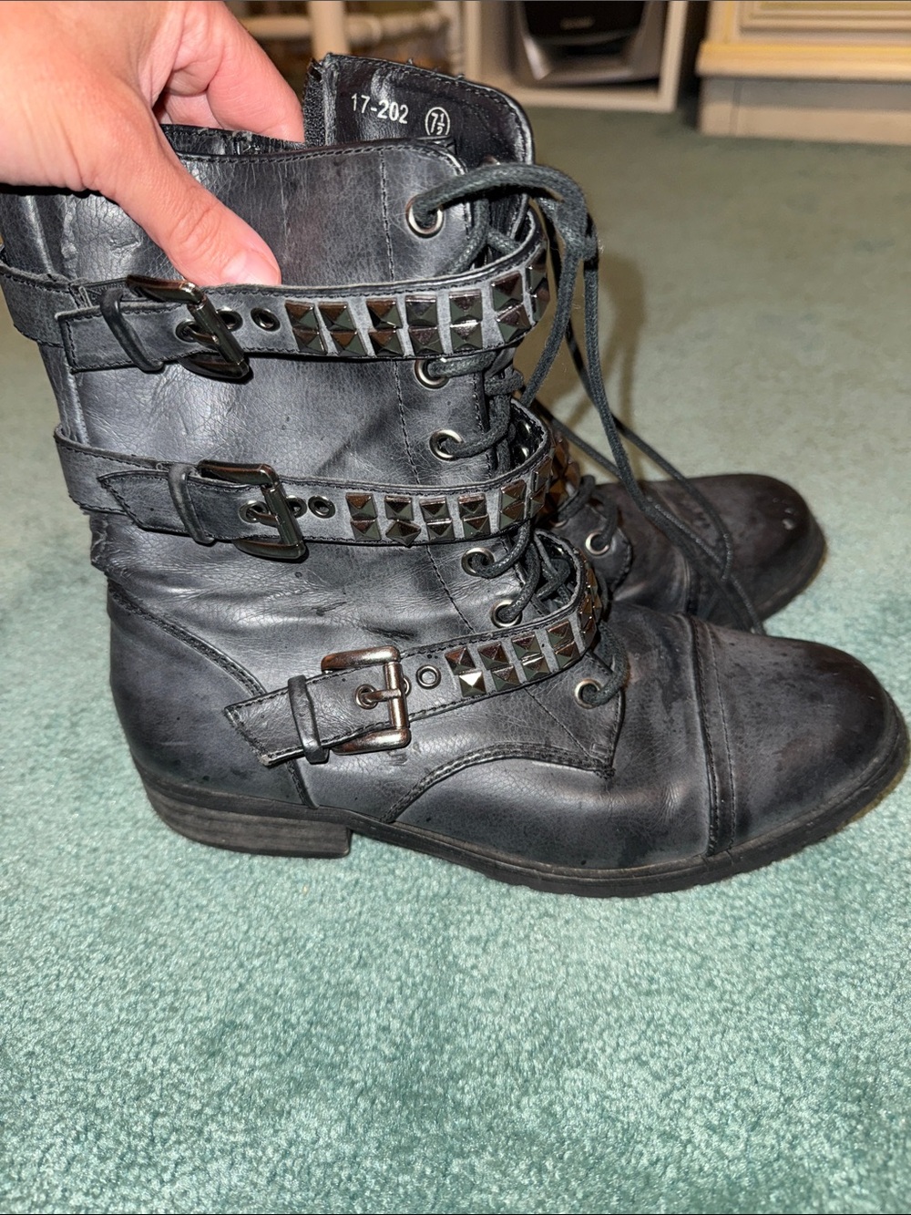 Bucco Studded Lace-Up Combat Boots - Black 7.5
